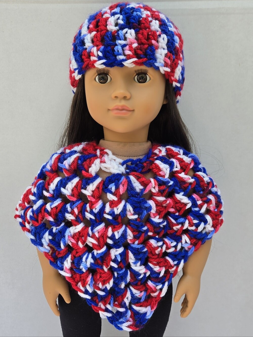 NEW Handmade Red White Blue Crochet 18 Inch Doll Hat & Poncho Set